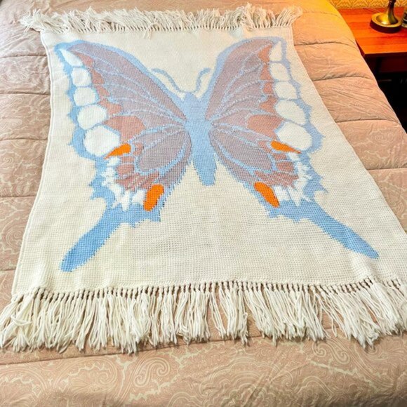 ▪️VTG▪️Folk Art OOAK Handmade Crochet Butterfly Throw Twin Bed Festival Blanket - Picture 2 of 8